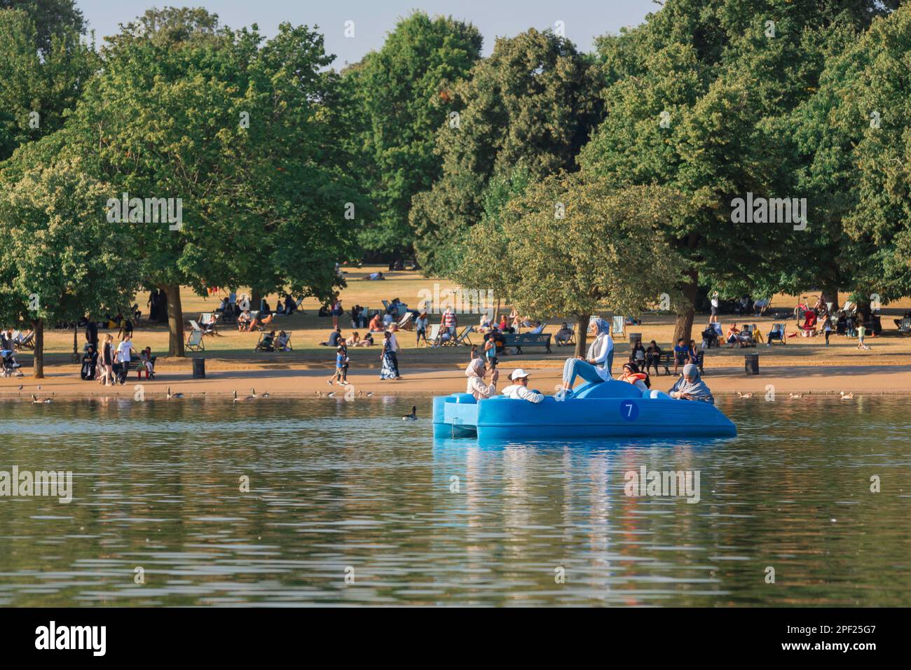 Junge muslimische Frau, Blick auf eine junge Frau, die einen Hijab trägt und eine Sommerritt auf dem Serpentine Lake in Hyde Park, London, Großbritannien genießt. Stockfoto