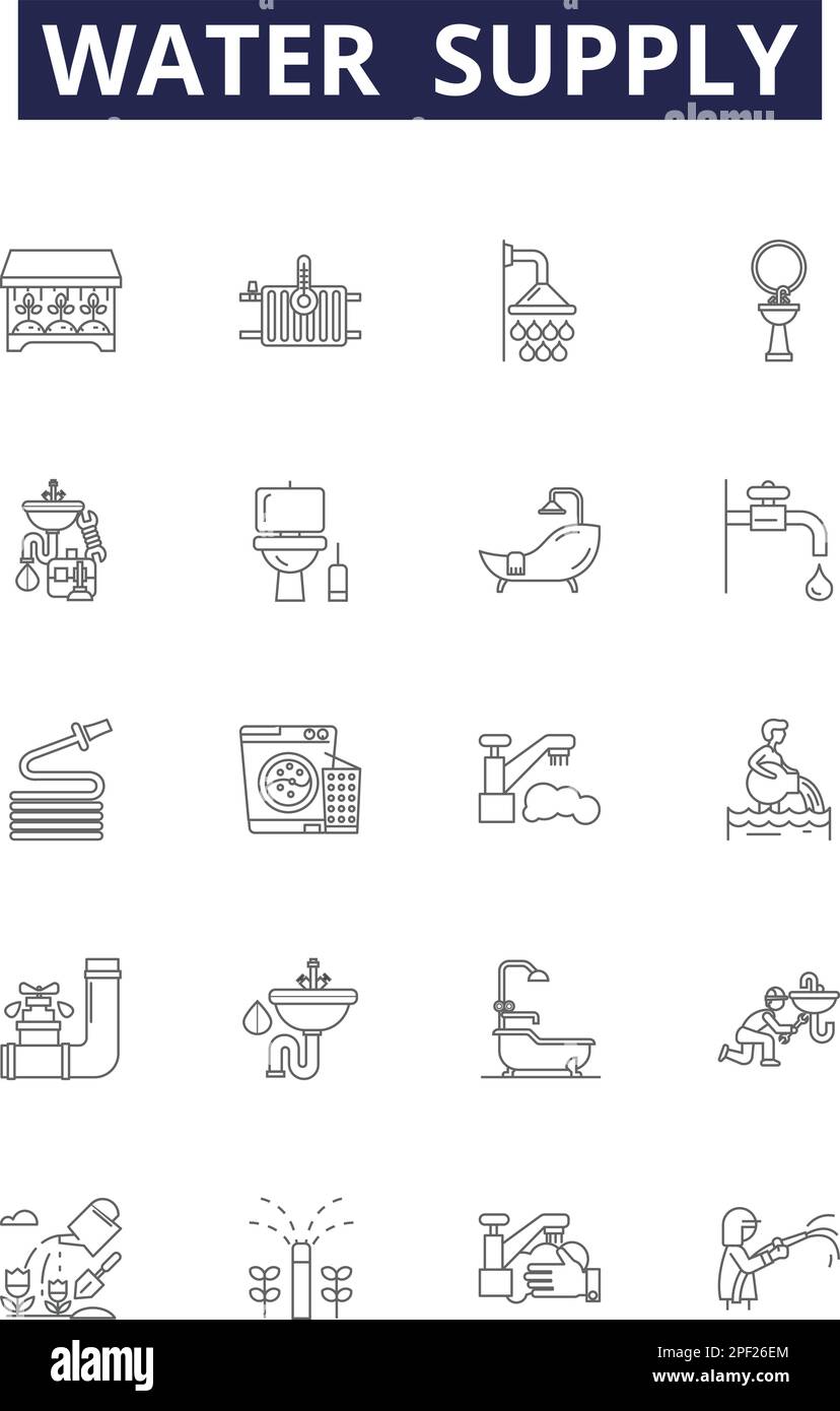 Vektorsymbole und -Schilder für die Wasserversorgungsleitung. Wasser, Hydratation, Aqua, Bewässerung, Trinken, Aquädukt, Entwässerung, Kontur des Reservoirs, Vektorbildungs-Set Stock Vektor