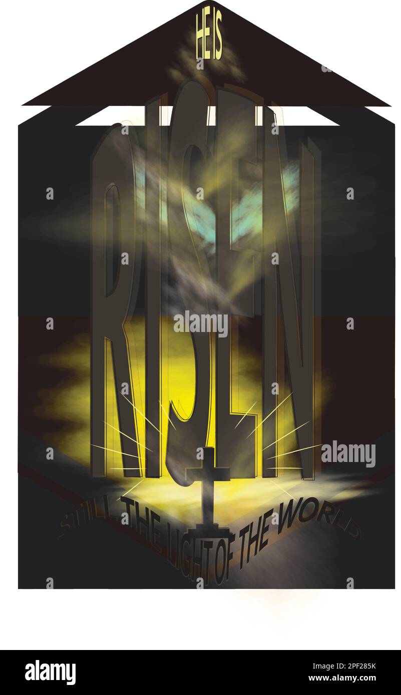 Er ist Risen. Feiern Sie die Auferstehung Jesu Christi am Ostersonntag, einem christlichen religiösen Kreuzbild. Stock Vektor