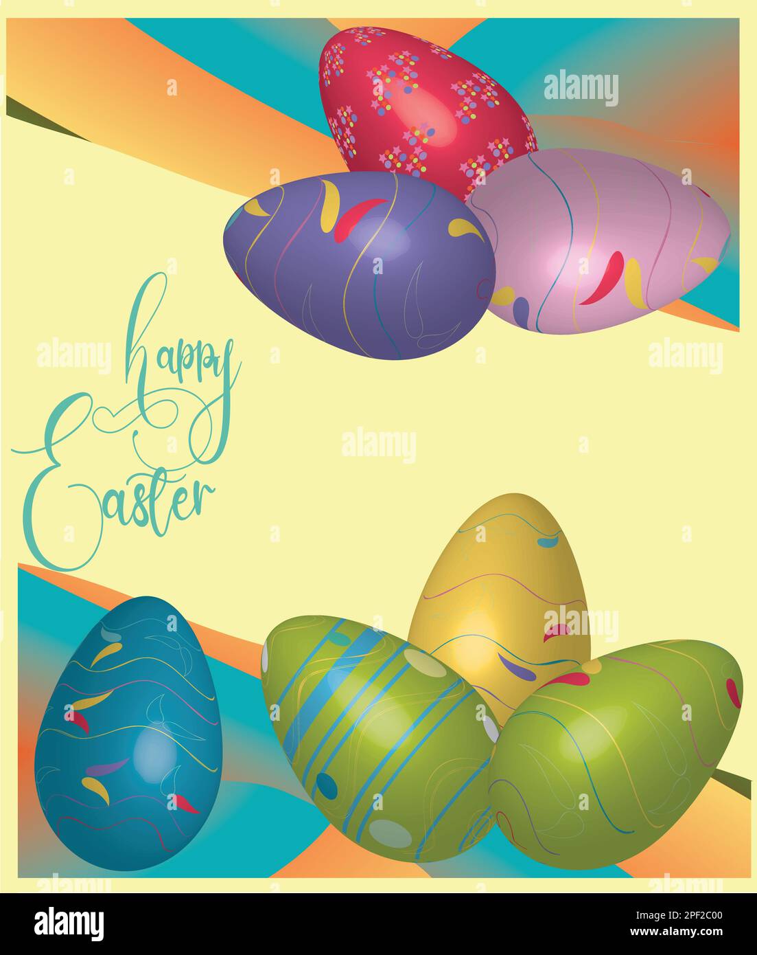 Ostereier auf einem bunten Hintergrund. Grußtext zum Ostertag mit 3D Eierzusammensetzung. Hintergrundbild, Poster, Kopfzeile. Vektordarstellung. Stock Vektor