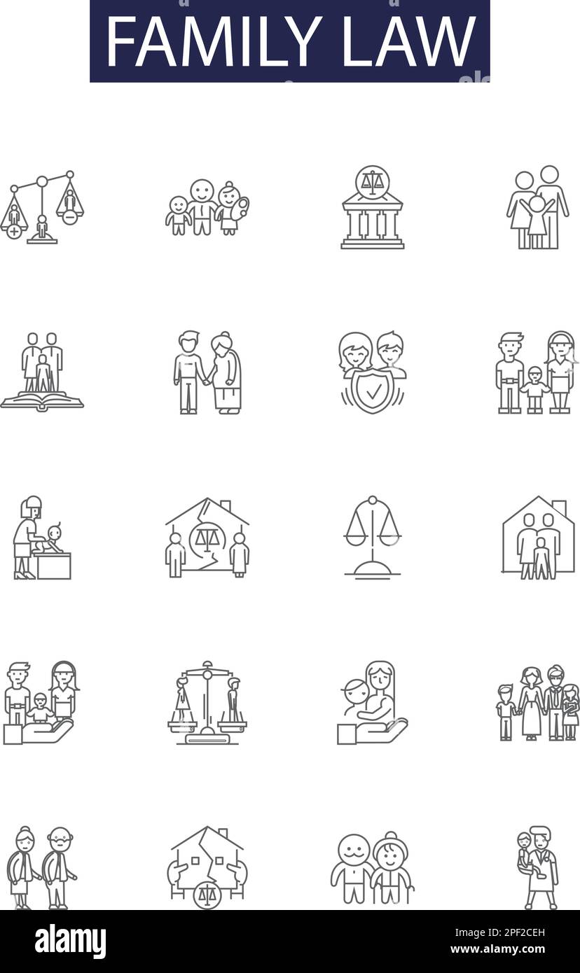 Vektorsymbole und -Zeichen für Familienrechtslinien. Recht, Recht, Menschen, Anwalt, Konzept, Hintergrund, Hammer, Justiz, Umriss-Vektorbildungs-Set Stock Vektor