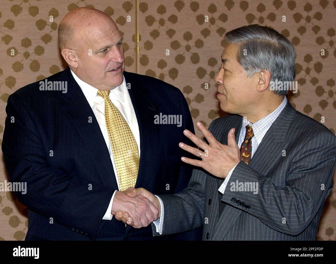 U.S. Deputy Secretary of State Richard Armitage, left, is greeted by Japanese Vice Foreign Minister Yukio Takeuchi prior to their meeting at the Foreign Ministry's Iikura Annex in Tokyo Monday, Feb. 2, 2004. Armitage is in Japan for a two-day visit as part of a tour of Asia. (AP Photo/Chiaki Tsukumo) Stockfoto