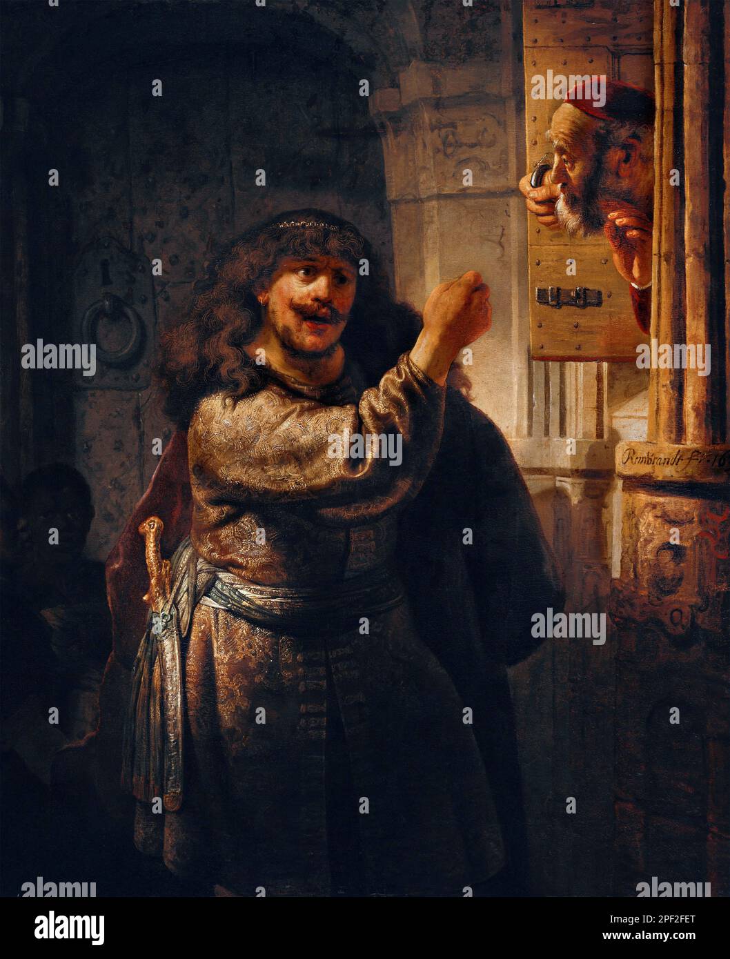 Samson bedroht seinen Schwiegervater durch Rembrandt van Rijn (1606-1669), Öl auf Leinwand, 1635 Stockfoto