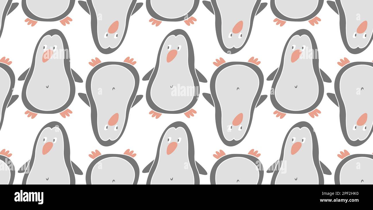 Süßes, lustiges, nahtloses Muster mit schwarz-weißen Cartoon-Pinguinen. Hintergrund mit vielen Pinguinen, die sich endlos wiederholen. Drucken Sie für Kinder-Glibber Stock Vektor