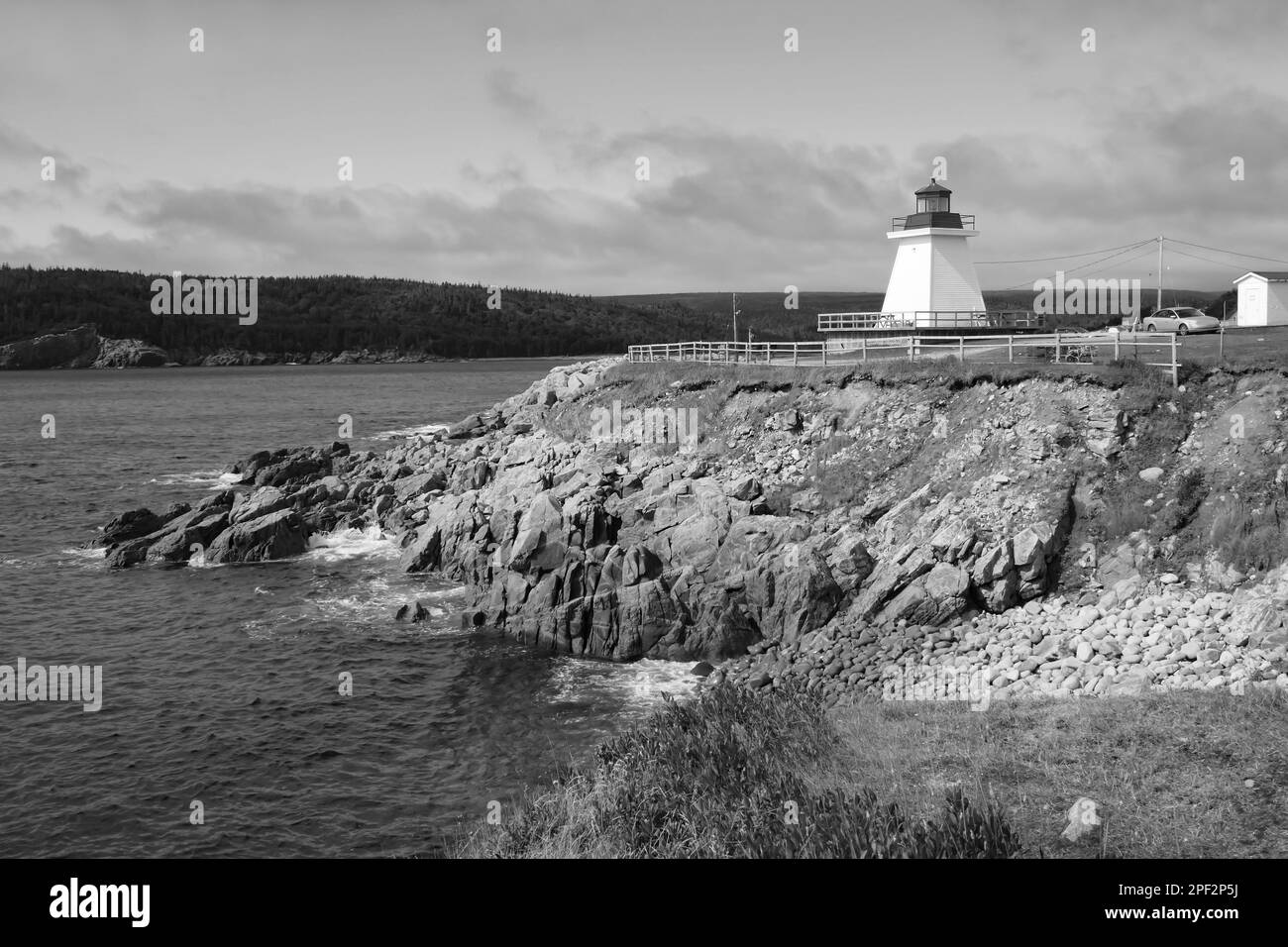 Kanadischer Leuchtturm am Neils Harbor am Cabot Trail in Cape Breton, Nova Scotia, Kanada Stockfoto