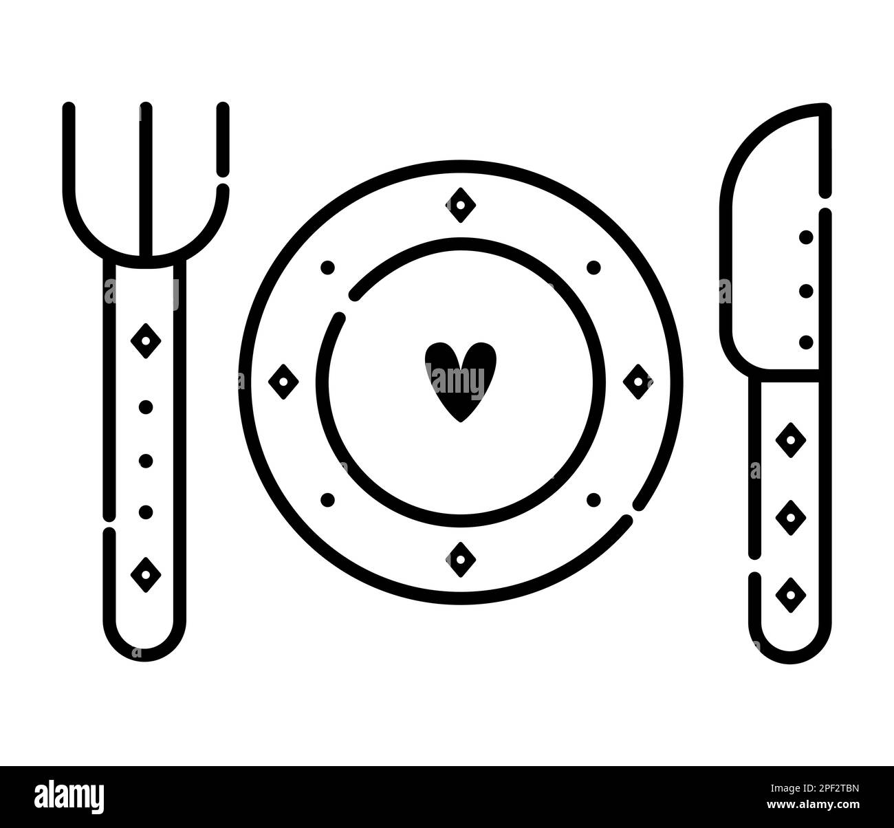 Romantisches Abendessen, Utensilien (Gabel, Teller und Messer), schwarze und weiße Illustration Stock Vektor