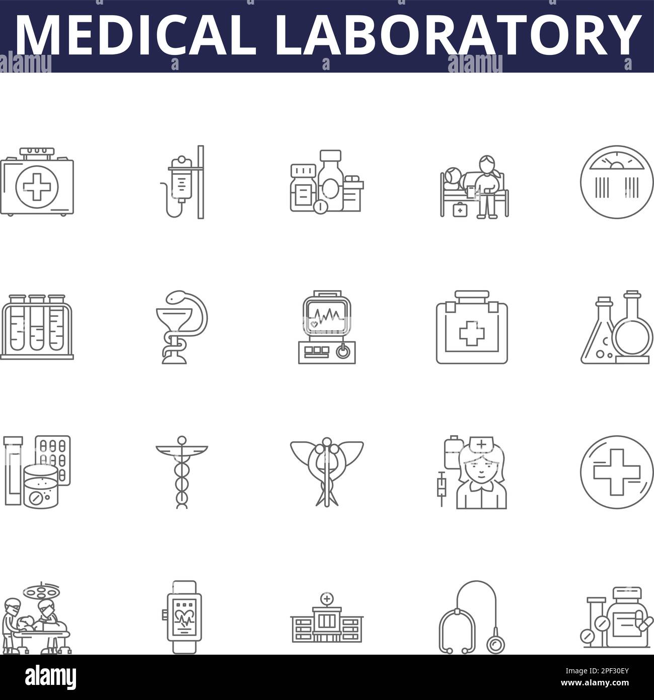 Medizinische Laborlinien-Vektorsymbole und -Zeichen. Labor, Diagnostik, Tests, Pathologie, Labore, Analyse, Forschung, Mikrobiologie, Konturvektor Stock Vektor