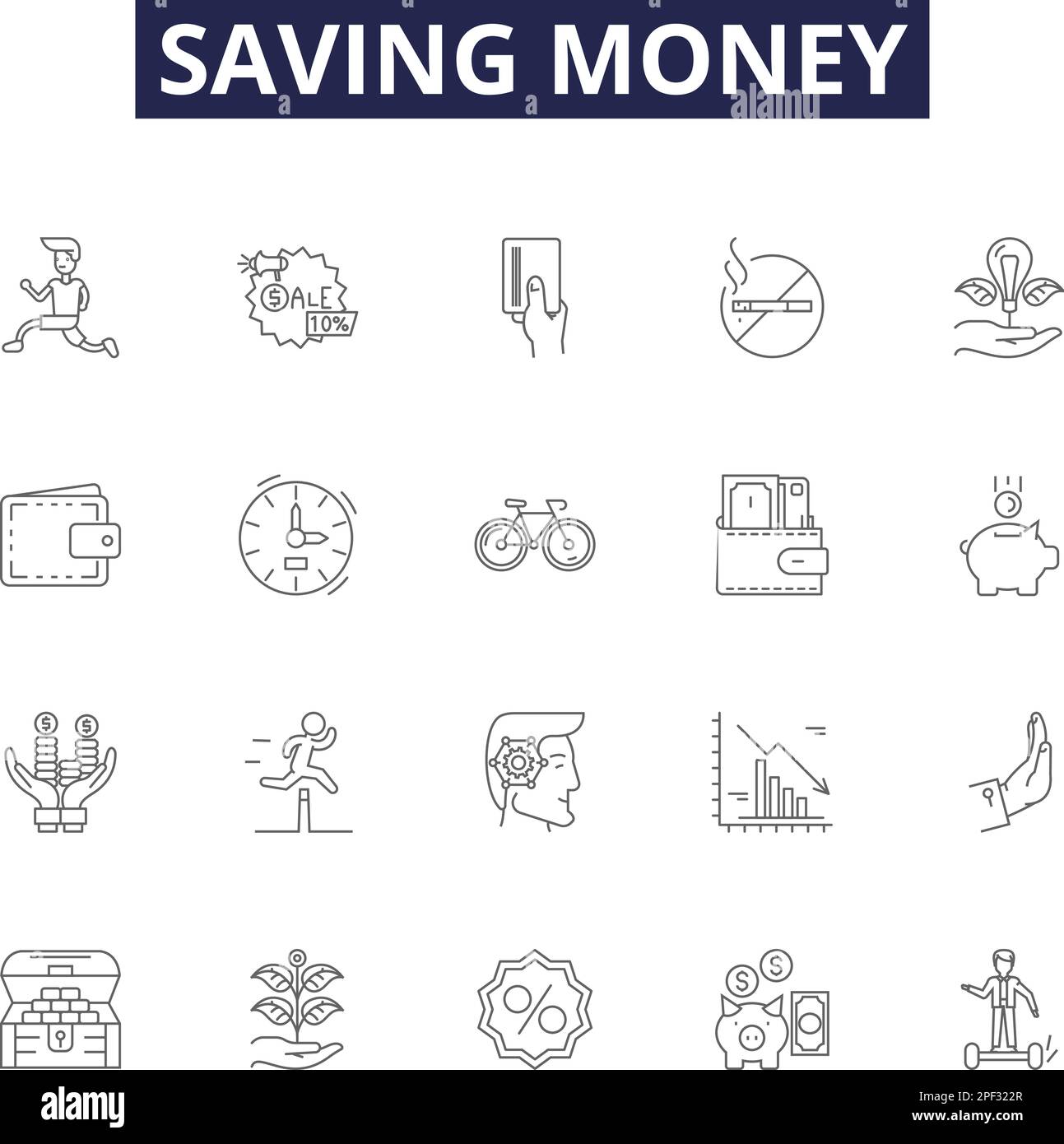 Vektorsymbole und -Schilder sparen Geld. Thrifty, Sparen, Sparen, Investitionen, Budgetierung, Feilschen, Vermeiden, Rückschnitt-Umriss-Vektor Stock Vektor