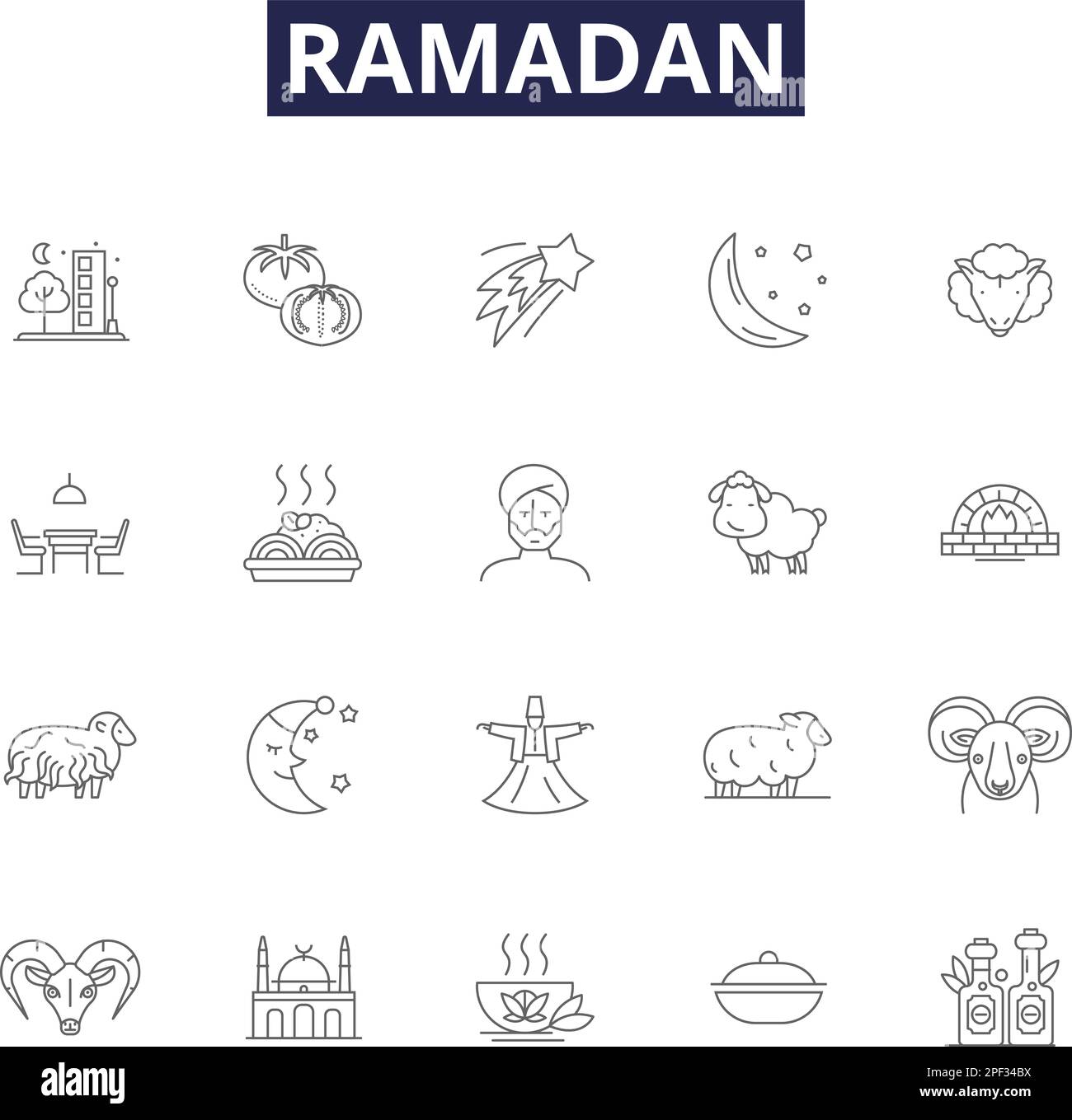 Ramadan-Linienvektorsymbole und -Zeichen. Schnell, Islam, Gebete, Monat, Koran, Fasten, Wohltätigkeit, spirituelle Konturen, Vektorbildungs-Set Stock Vektor