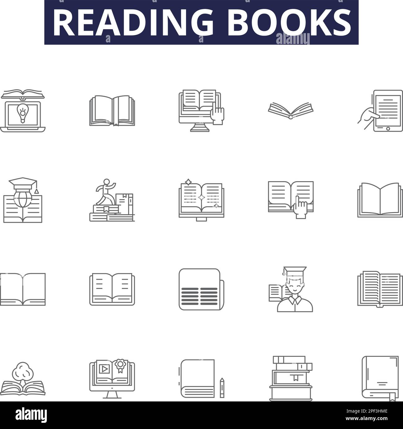 Lesen von Linienvektorsymbolen und -Zeichen in Büchern. Bücher, Romane, Literatur, Geschichten, Texte, Zeitschriften, Skripte, nicht-fiktive Konturvektoren Stock Vektor