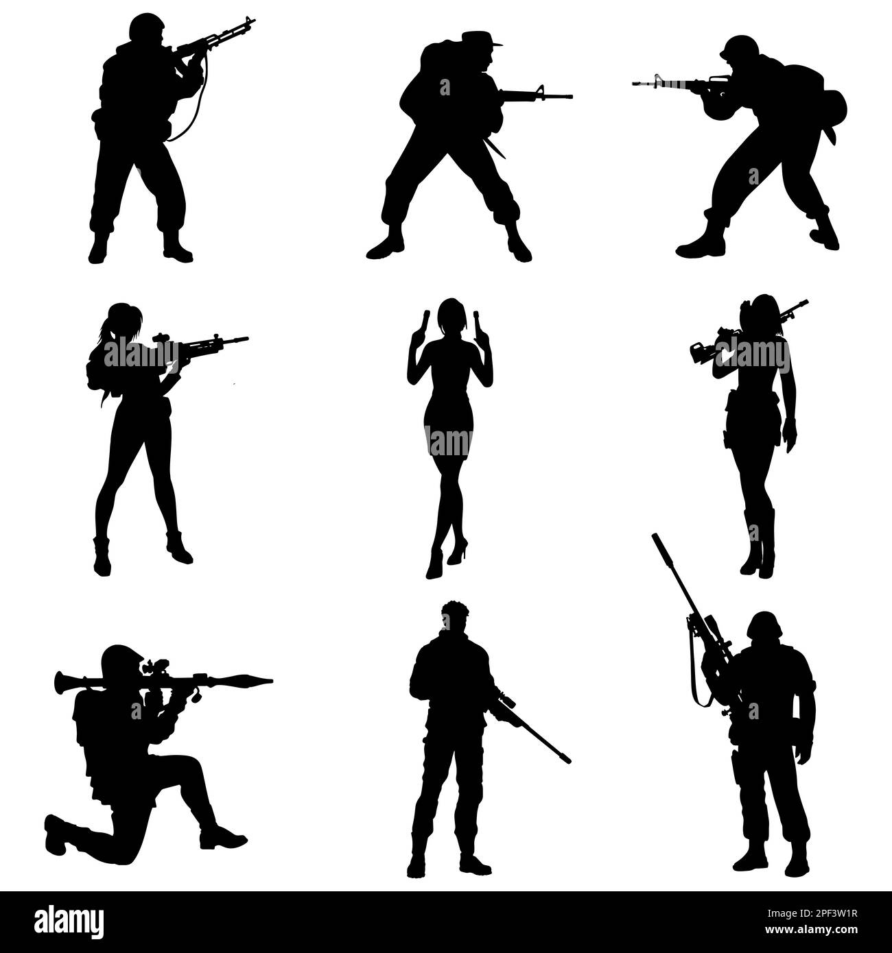 Ein Satz Silhouetten von Spezialeinheiten oder modernen Soldaten. Schwarzweiß-Abbildung. Verschiedene Posen, Waffen und Munition Stockfoto
