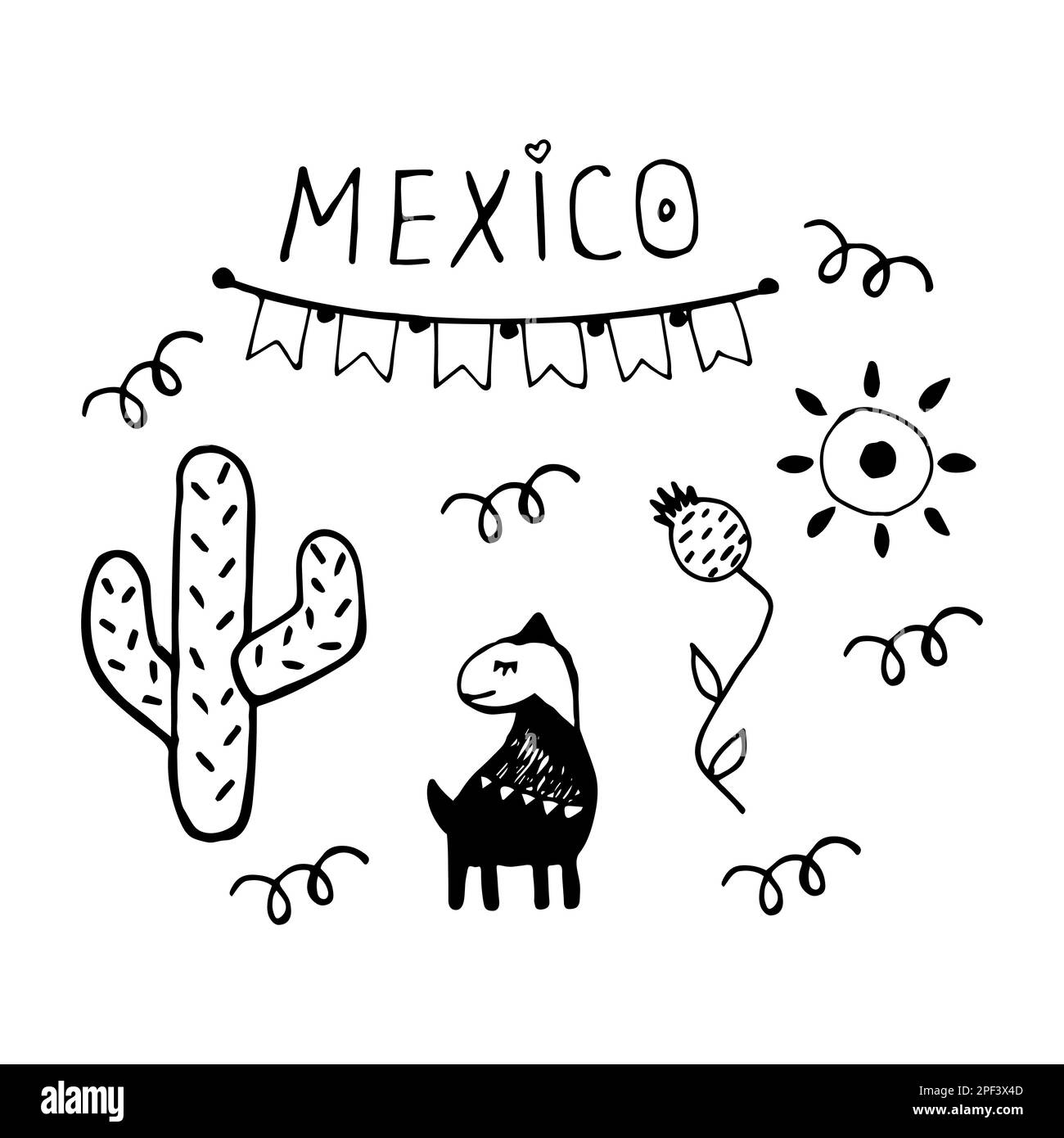 Mexikanische Natur, süßer schwarz-weißer Clipart Stock Vektor