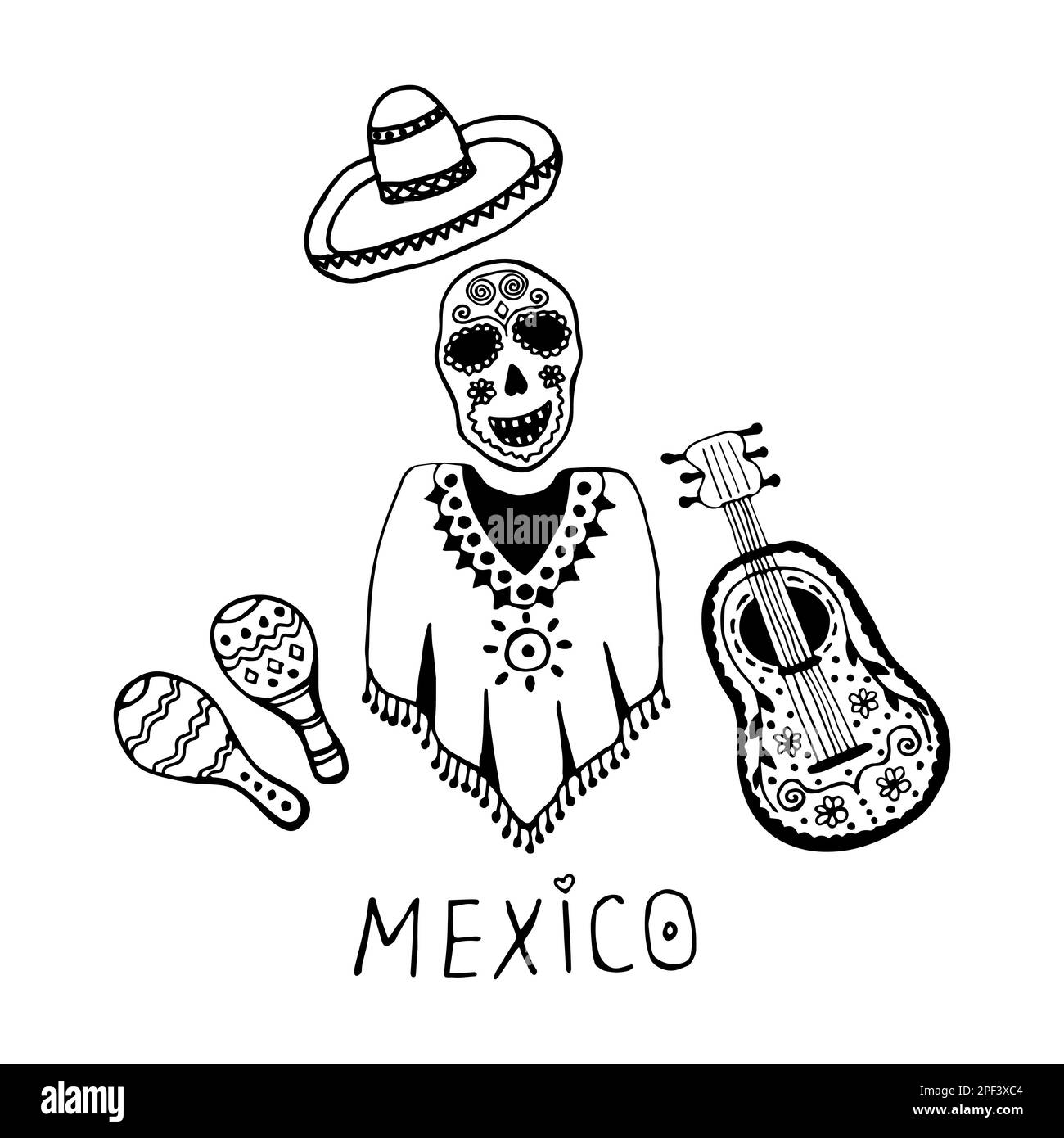 Mexikanische Symbole, süßer schwarz-weißer Clipart Stock Vektor