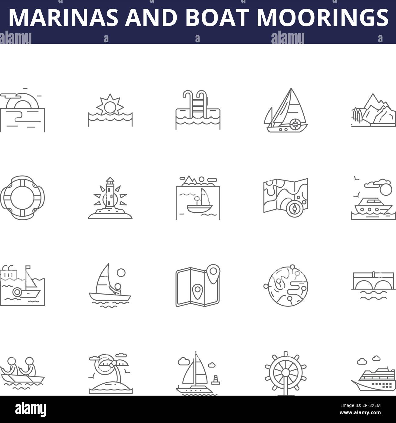 Jachthäfen und Bootsanlegestellen sind mit Vektorsymbolen und -Schildern versehen. Boot, Anlegeplätze, Häfen, Boote, Anchorage, Landungsstege, Liegeplätze, Pontoon-Konturvektor Stock Vektor