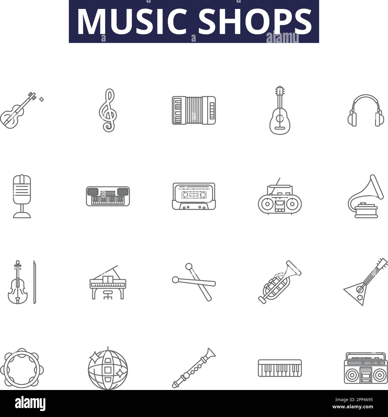 Musikläden, Liniensymbole und -Schilder. Geschäfte, Schallplatten, Geschäfte, CD, Vinyl, Bänder, Bänder, Alben, Konturvektorabbildung Stock Vektor