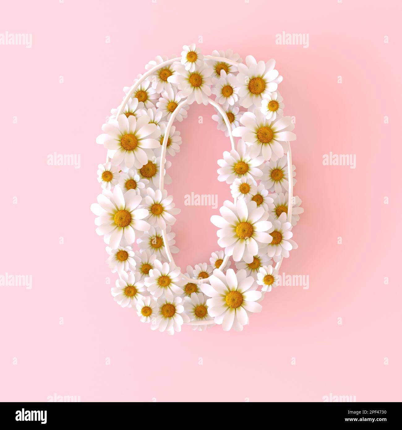 Nummer 9 aus natürlichen Kamillenblumen. Süße Camomiles Nummer neun. Konzept mit Frühlingsblumen-Zahlen isoliert auf niedlichem pastellrosa Hintergrund. Oben Stockfoto