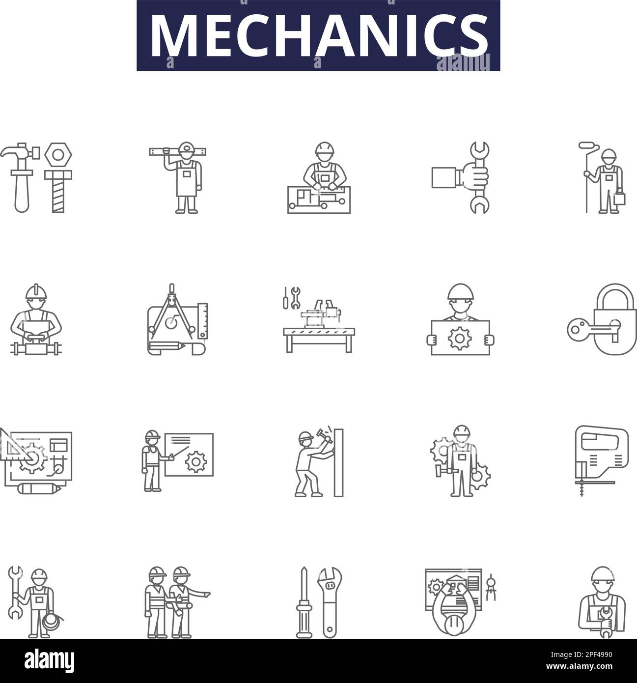 Symbole und Zeichen für mechanische Linienvektoren. Reparatur, Wartung, System, Wiederherstellung, Auto, Zeichnungssatz für Modellstruktur für Automotive, Dynamics, Analysis Stock Vektor