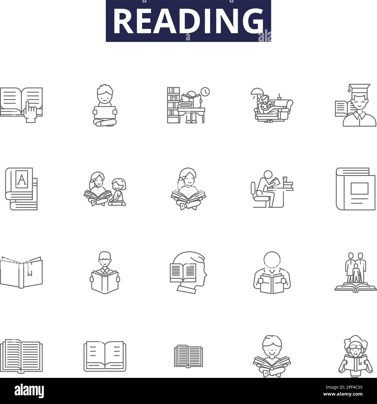 Linienvektorsymbole und -Zeichen werden gelesen. Bücher, Literatur, Romane, Texte, Verständnis, Textabschnitte, Magazine, Modellstruktur der Studie - Vektorabbildung Stock Vektor