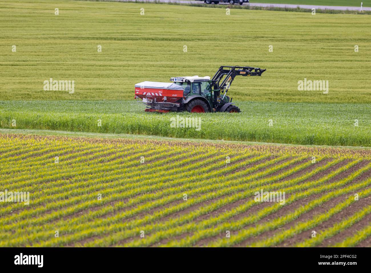 Landwirt, der seine Felder mit dem Traktor düngt, Grabenstetten, Baden-Württemberg, Deutschland Stockfoto