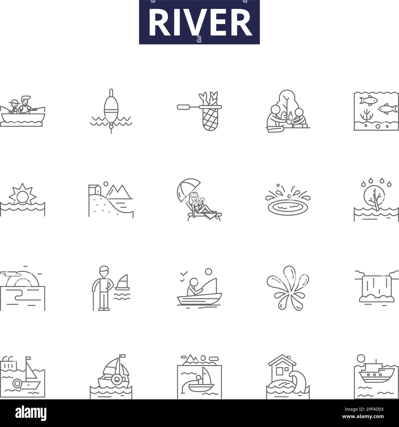 Flusslinienvektorsymbole und -Zeichen. Fluss, Bach, Wasserstraße, Fluss, Stromschnellen, Creek, Torrent, Umriss-Vektor-Zeichnungssatz für Nebenflüsse Stock Vektor