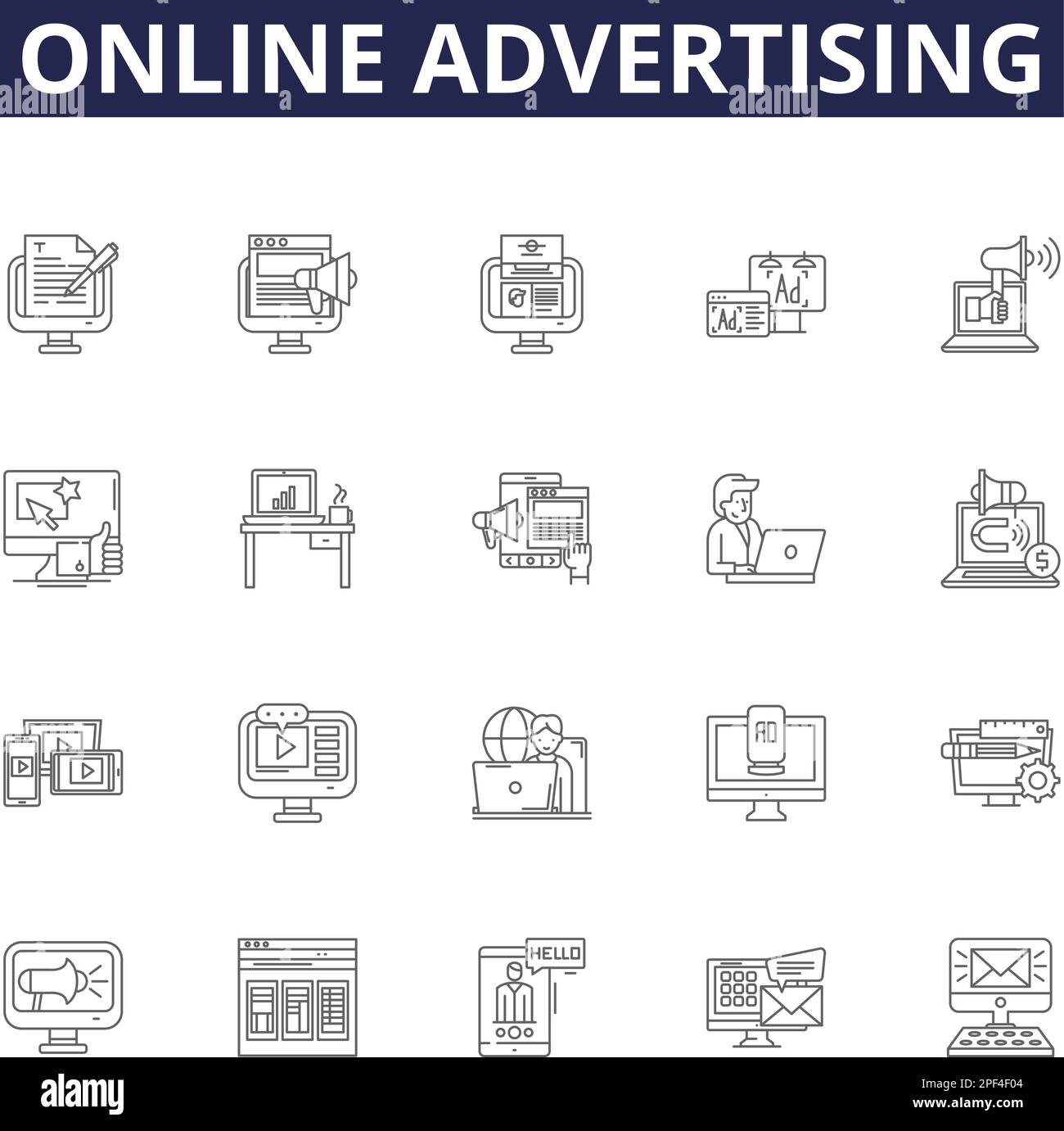 Vektorsymbole und -Schilder für Online-Werbelinien. Werbung, Digital, Marketing, Werbung, Gezielt, Web, , Kampagnenumriss Vektorbildungs-Set Stock Vektor