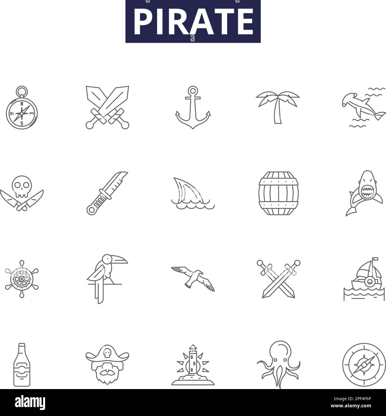 Piratenlinienvektorsymbole und -Zeichen. Räuber, Buccaneer, Seemann, Plünderer, Scallywag, Harbour, Galleon, Loot Umriss-Vektorbildungs-Set Stock Vektor