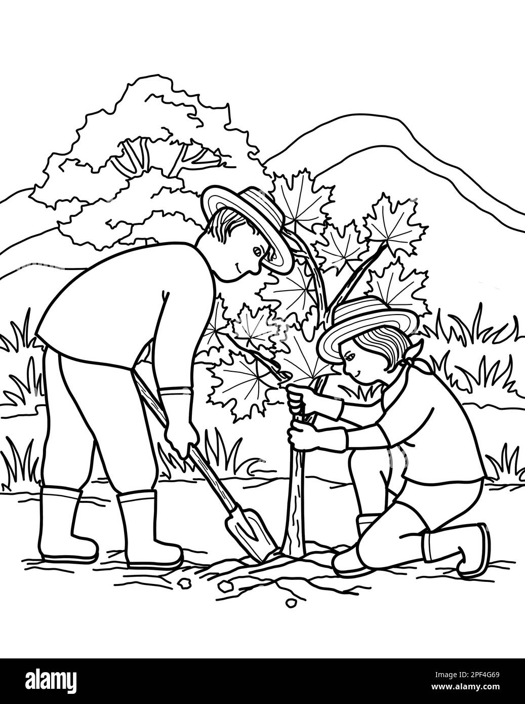 Ein junges weißes Gärtner-Paar pflanzt zusammen einen roten Ahornbaum. Im Frühling, Sommer Outdoor-Aktivitäten. Umweltschutzkonzept. Stockfoto