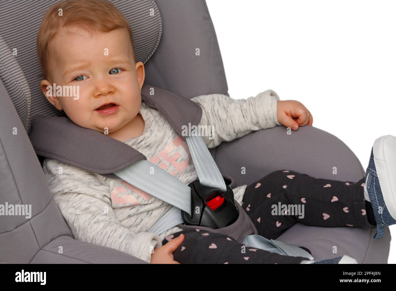 Kleinkind sitzt auf einem Kindersitz geschnallt Stockfoto