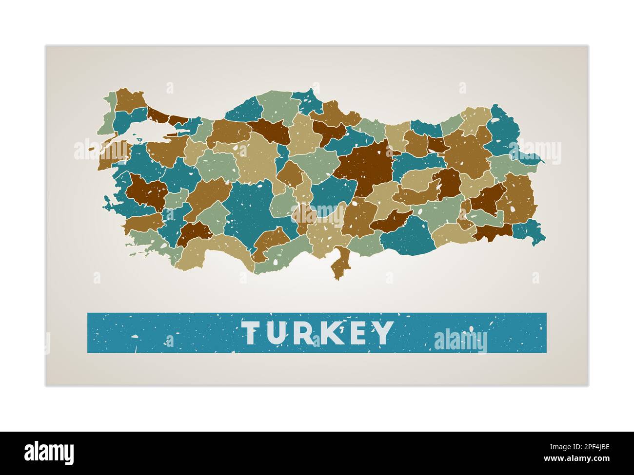 Truthahnkarte. Länderposter mit Regionen. Alte Grunge-Textur. Form der Pute mit Ländername. Wunderschöne Vektordarstellung. Stock Vektor