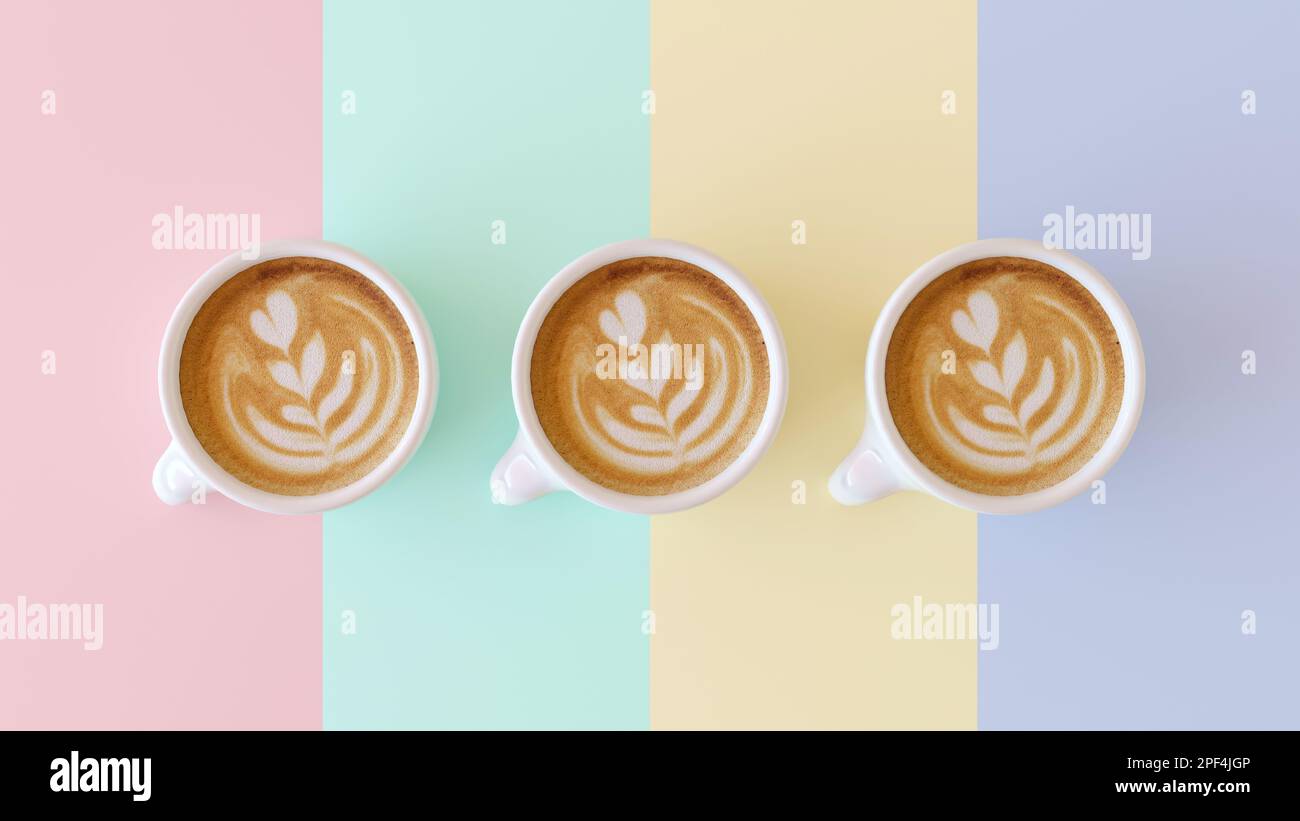 Drei Tassen Kaffee auf pastellfarbenem Hintergrund, Draufsicht. Köstlicher Kaffee mit Milch und einem Muster auf dem Schaum. Über drei weißen Bechern hintereinander. Stockfoto
