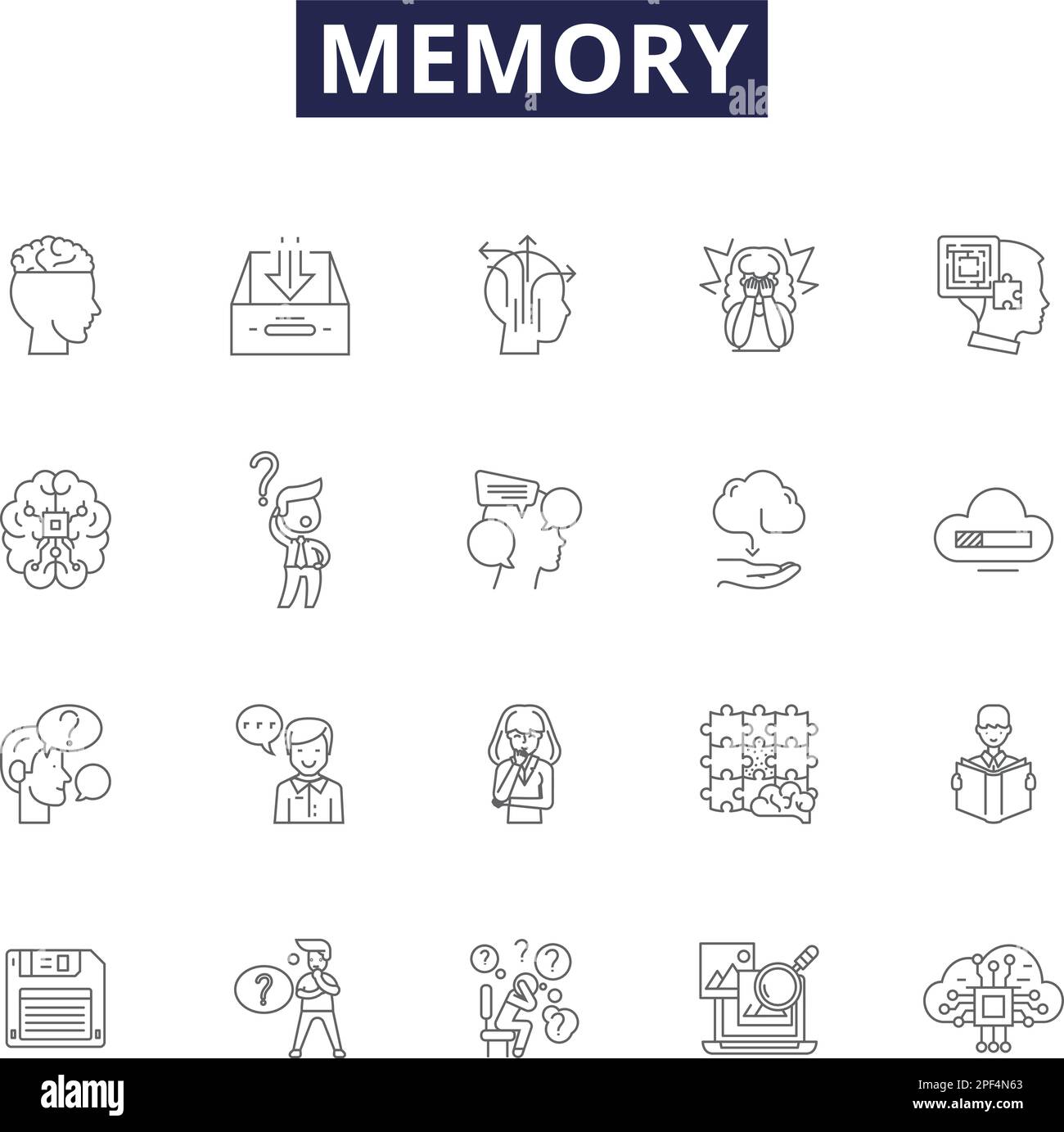 Vektorsymbole und -Zeichen für Speicherzeilen. Aufbewahrung, Remembrance, Cache, Memorize, Reminisce, Impression, Legacy, Mnemonische Konturvektoren Stock Vektor