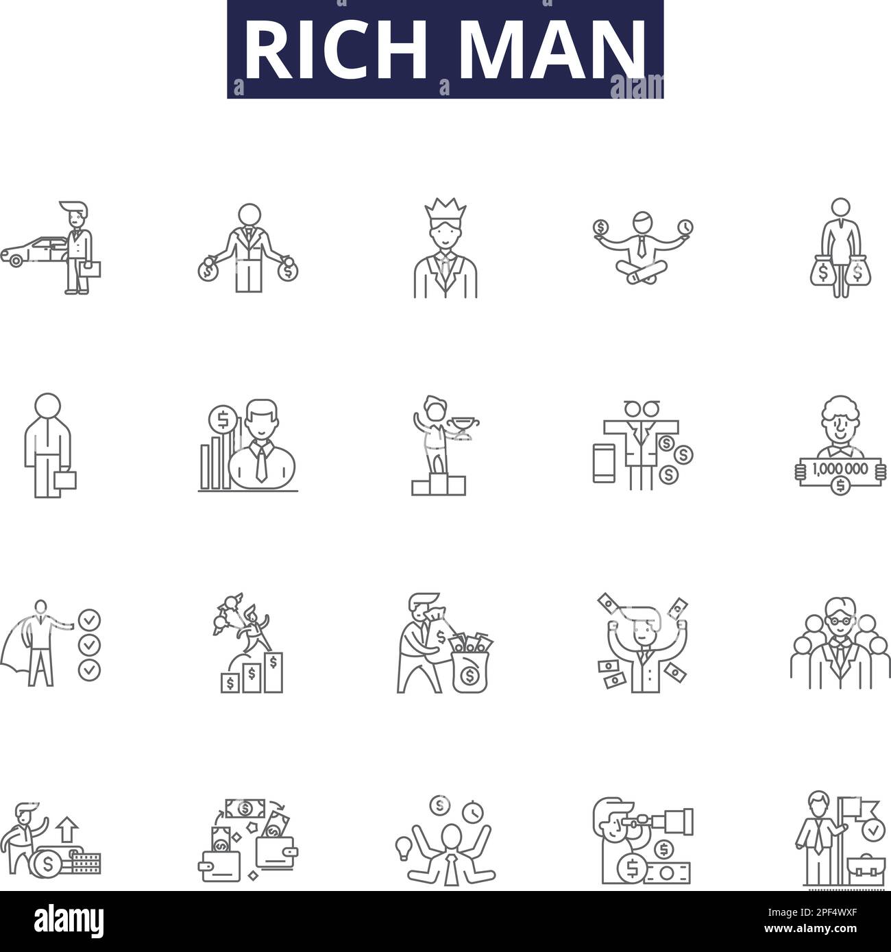 Reiche Menschenlinien-Vektorsymbole und -Zeichen. Wohlhabend, opulent, reich, wohlhabend, wohlhabend, Flush, Grand, lukrative Konturvektoren-Zeichnungsset Stock Vektor