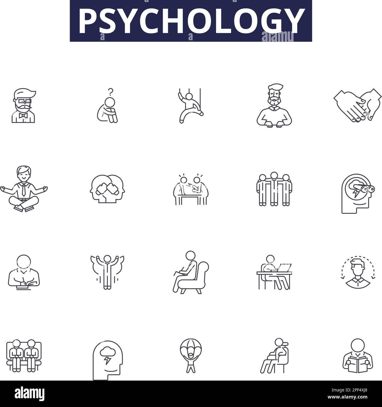 Psychologische Linienvektorsymbole und -Zeichen. Geist, Verhalten, Gehirn, Kognitiv, Psychoanalyse, Entwicklung, Soziales, Neuropsychologie-Konturvektor Stock Vektor