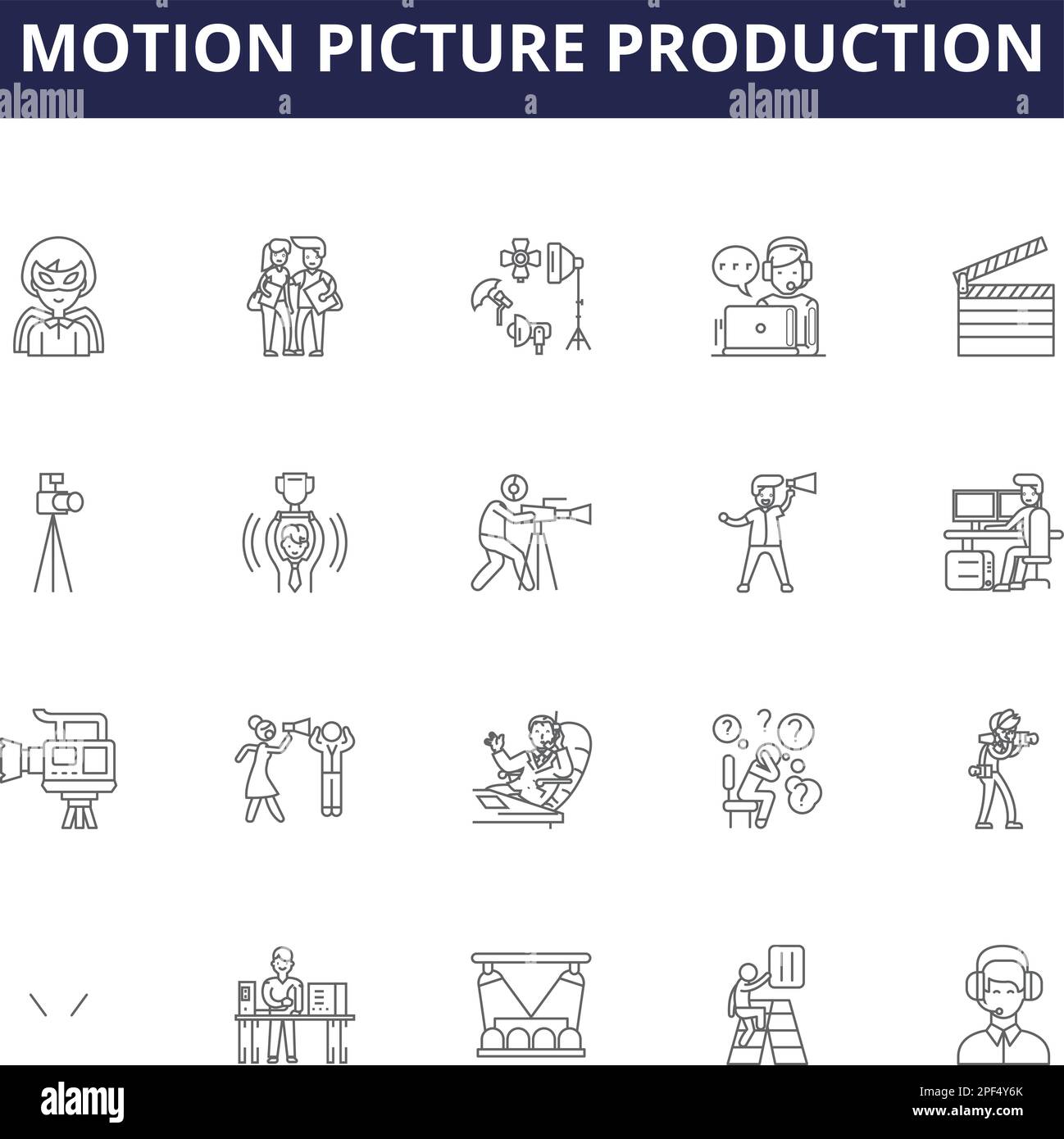 Vektorsymbole und -Schilder für die Filmproduktionslinie. Produktion, Kamera, Regieren, Bearbeiten, Beleuchtung, Audio, Visualisierungen, Konturvektor für Screenwriting Stock Vektor