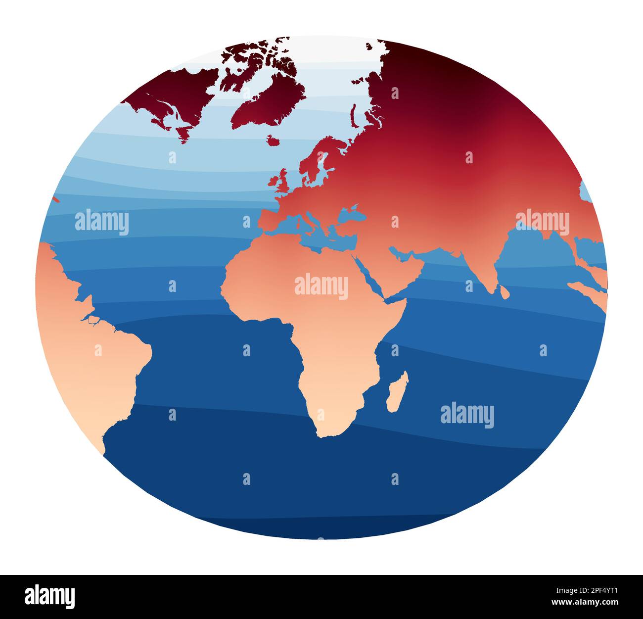 Weltkartenvektor. Modifizierte stereographische Projektion für Europa und Afrika. Welt in rot-orangefarbenem Farbverlauf auf tiefen blauen Ozeanwellen. Erstaunlicher Vektor i Stock Vektor