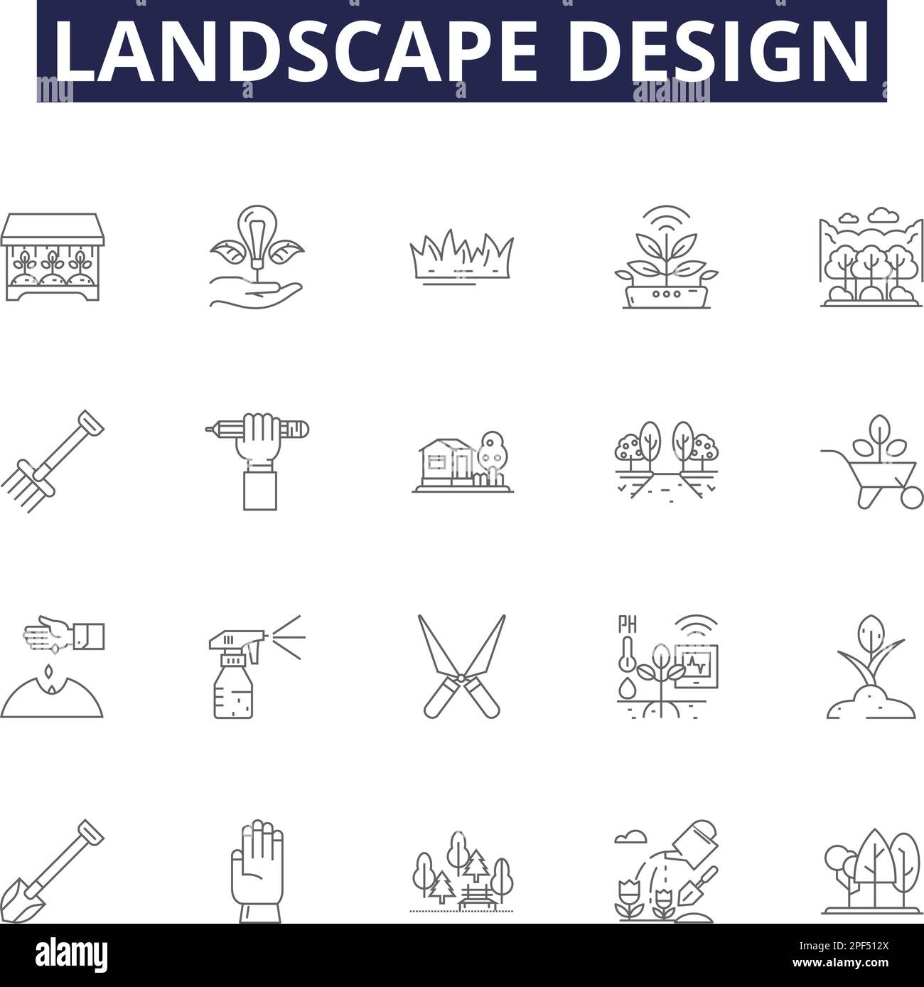 Vektorsymbole und -Schilder im Querformat. Landschaft, Hard-Landschaft, Pflanzen, Terrasse, Terrasse, Vektordarstellung der Konturen Beleuchtung, Leitung, Schrumpfung Stock Vektor