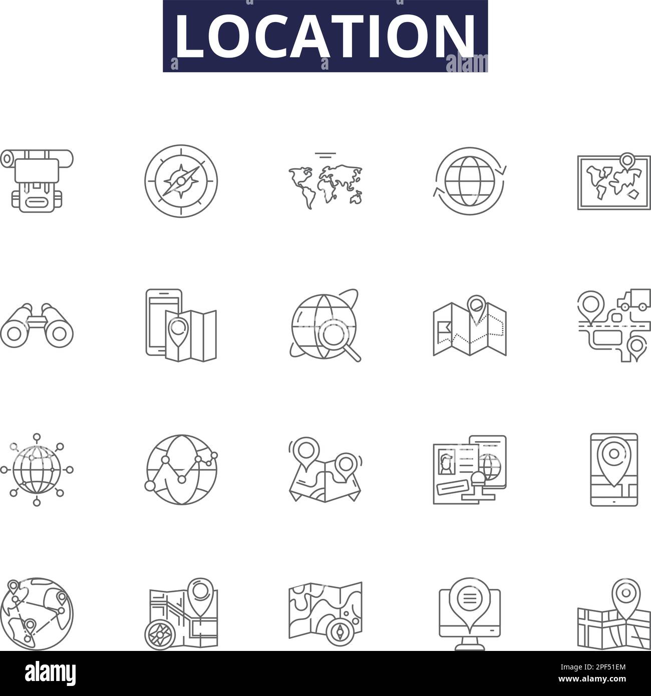 Vektorsymbole und -Zeichen für Positionslinien. Position, Bereich, Spot, Standort, Einstellung, Zeichnungssatz für Vektoren für Region, Bereich, Kontur der Punktlinie Stock Vektor
