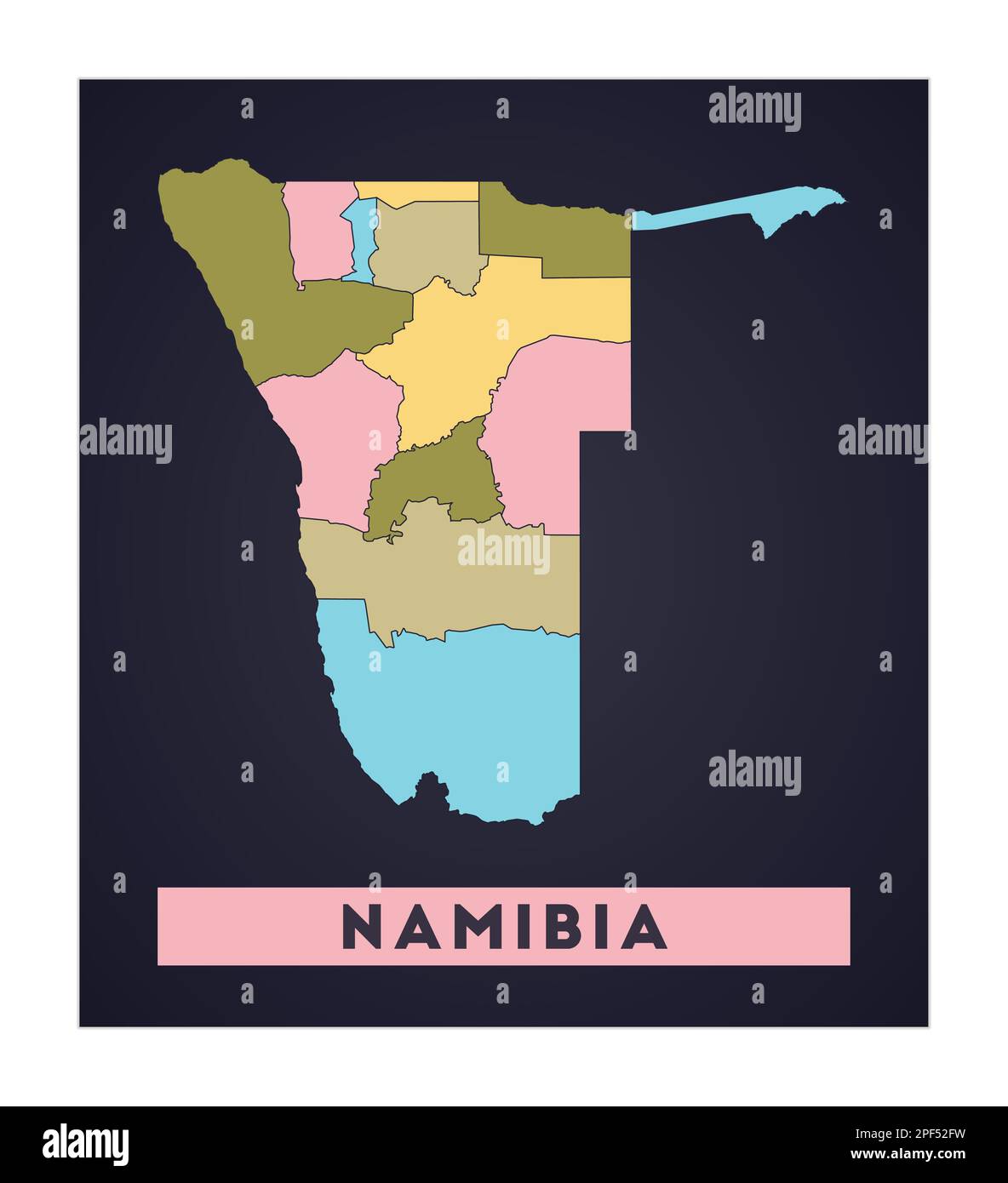 NamibiaKarte. Länderposter mit Regionen. Form Namibias mit Ländernamen