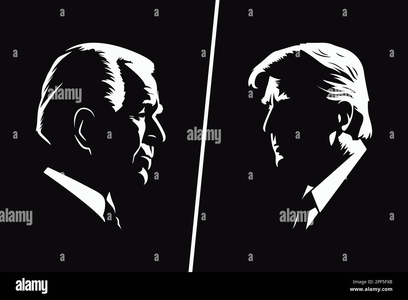 Georgien. 13. März 2023: Schwarz-weiße Silhouette Portrait von Joe Biden und Donald Trump. Biden gegen Trump. US-Präsident mit schwarzem Hintergrund. Seite Stock Vektor
