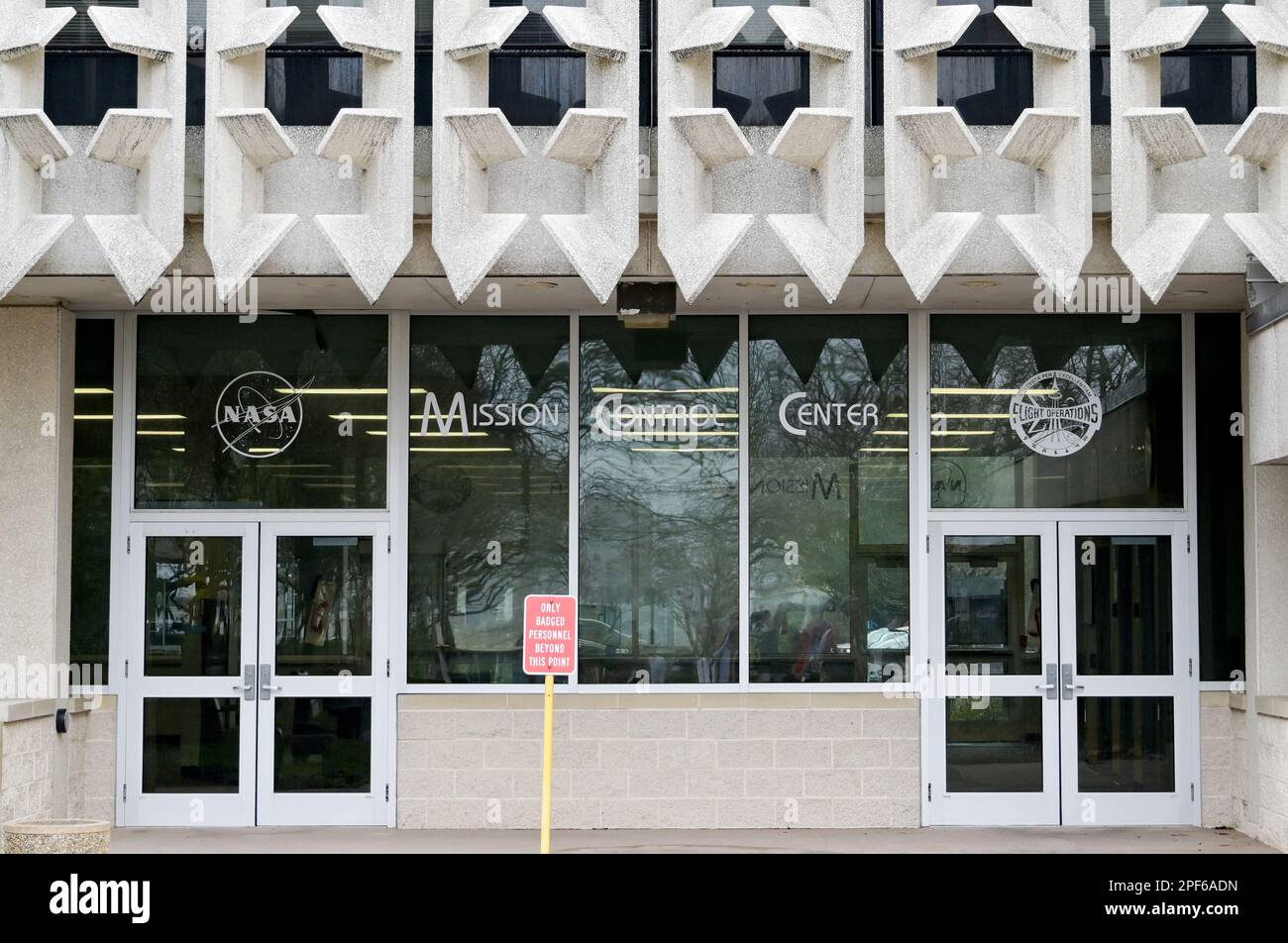 Houston, Texas, USA - 2023. Februar: Eintritt zum Mission Control Center im Houston Space Center Stockfoto