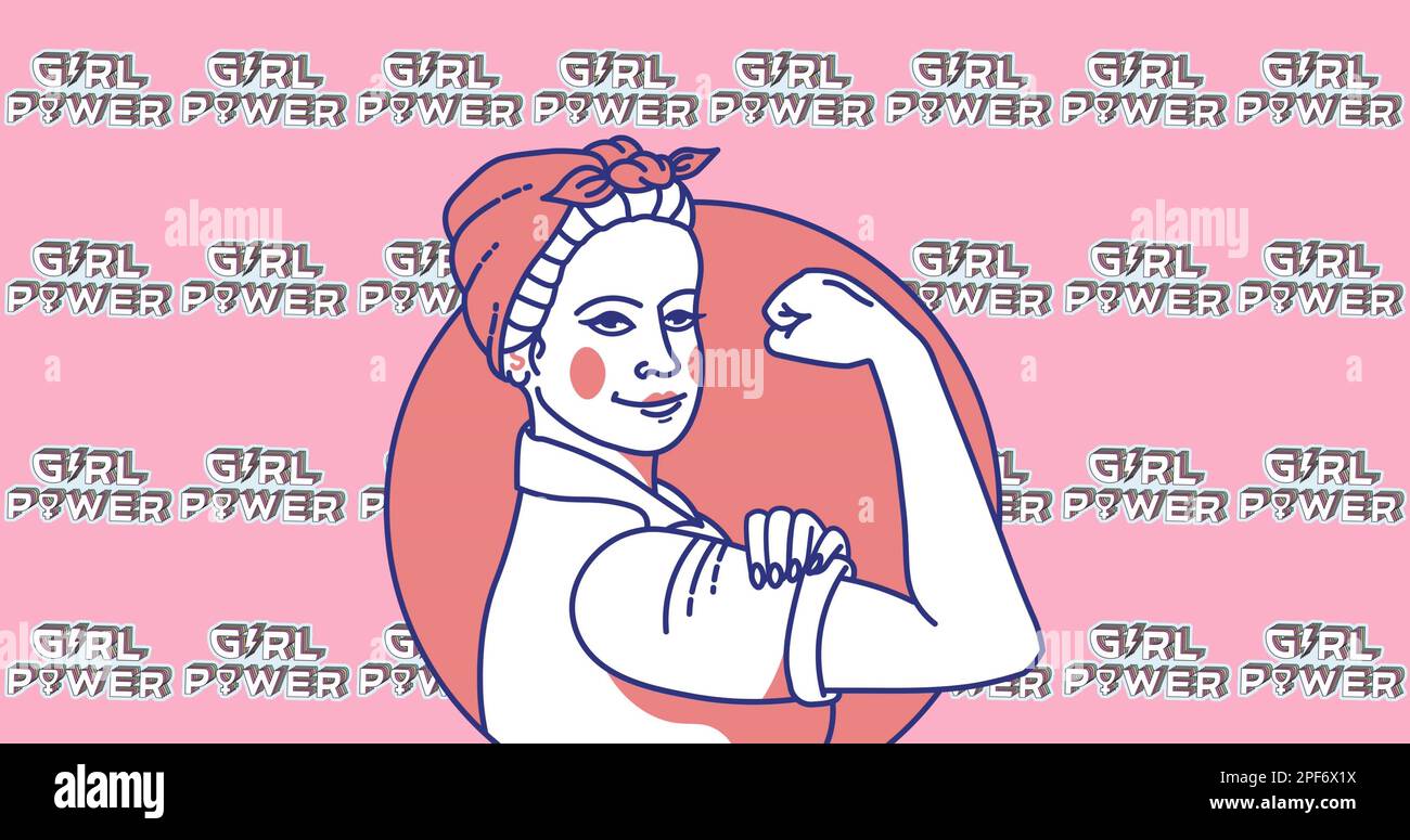 Bild von Schlagzeilen und starken Frauen mit Muskel-Symbol auf pinkfarbenem Hintergrund Stockfoto