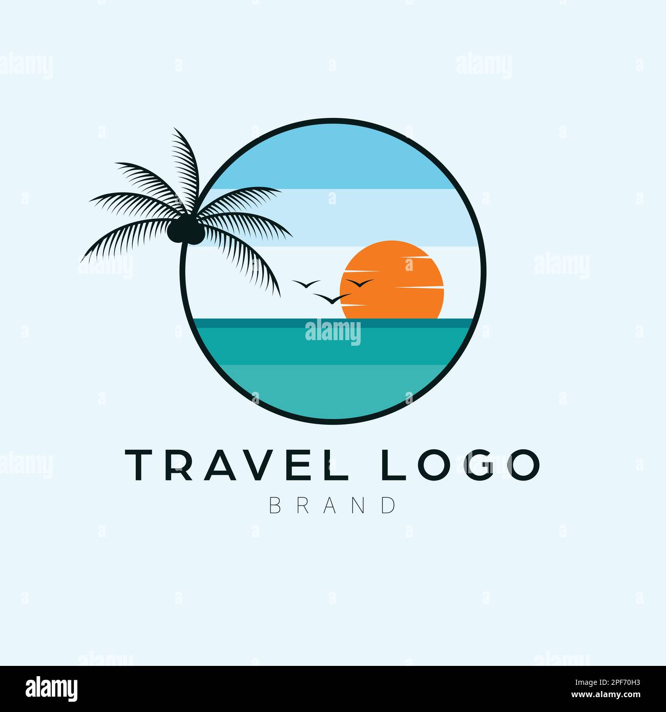 Design des Reiselogos. Tropische Landschaft, Meer und Sonnenuntergang, logodesign. Schönes Reiselogo. Stock Vektor