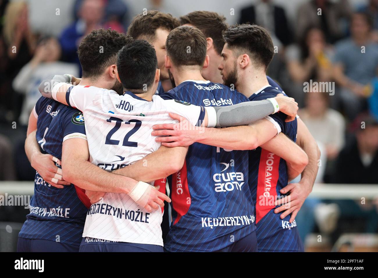 Trient, Italien. 16. März 2023. Grupa Azoty ZAKSA Kedzierzyn-Kozle feiert einen Punkt im Finalquartal - ITAS Trentino vs. GroupA Azoty ZAKSA K?dzierzyn-Kozle, CEV Champions League-Volleyballspiel in Trento, Italien, März 16 2023 Kredit: Independent Photo Agency/Alamy Live News Stockfoto