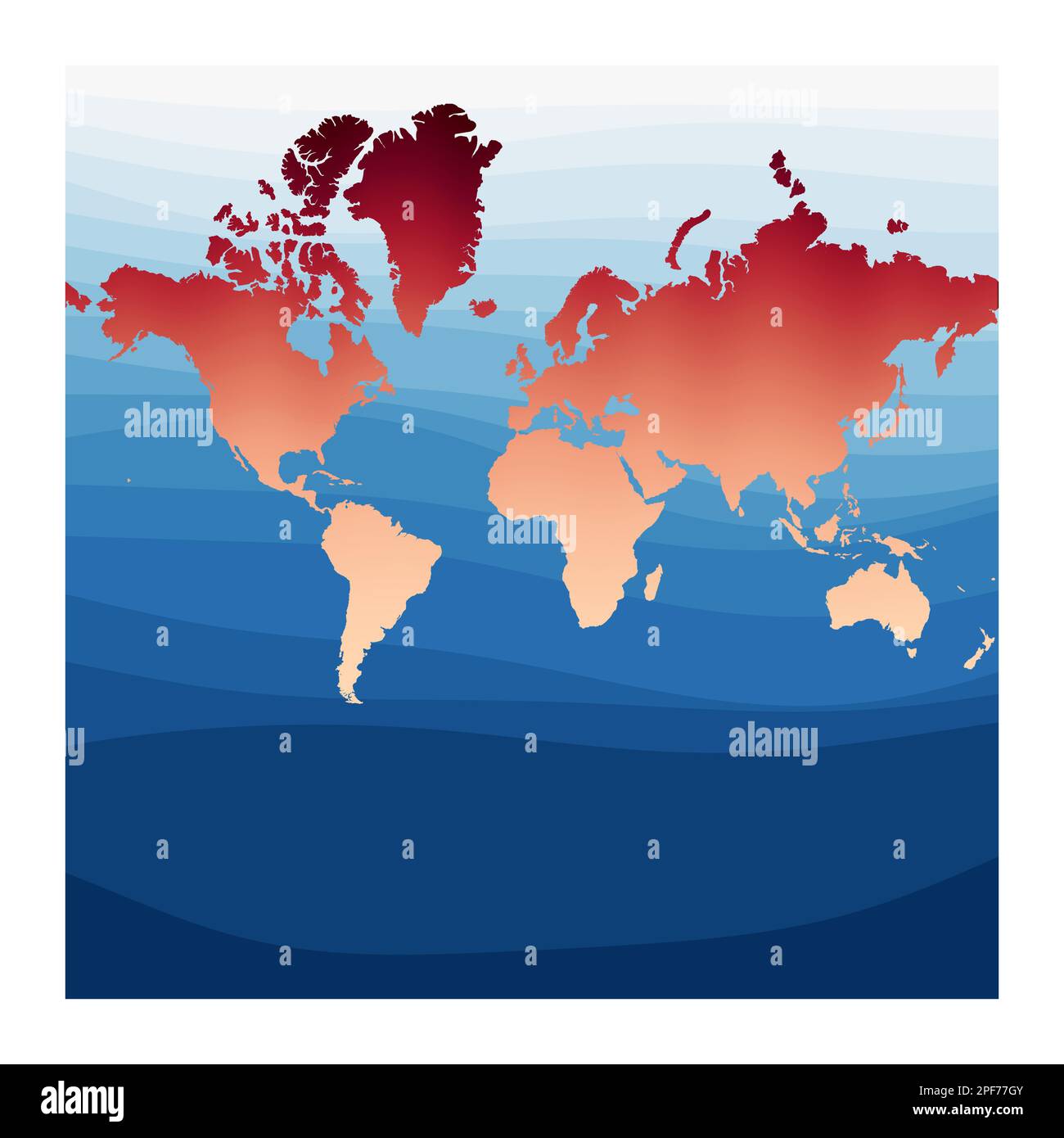 Weltkartenvektor. Sphärische Mercator-Projektion. Welt in rot-orangefarbenem Farbverlauf auf tiefen blauen Ozeanwellen. Hervorragende Vektordarstellung. Stock Vektor