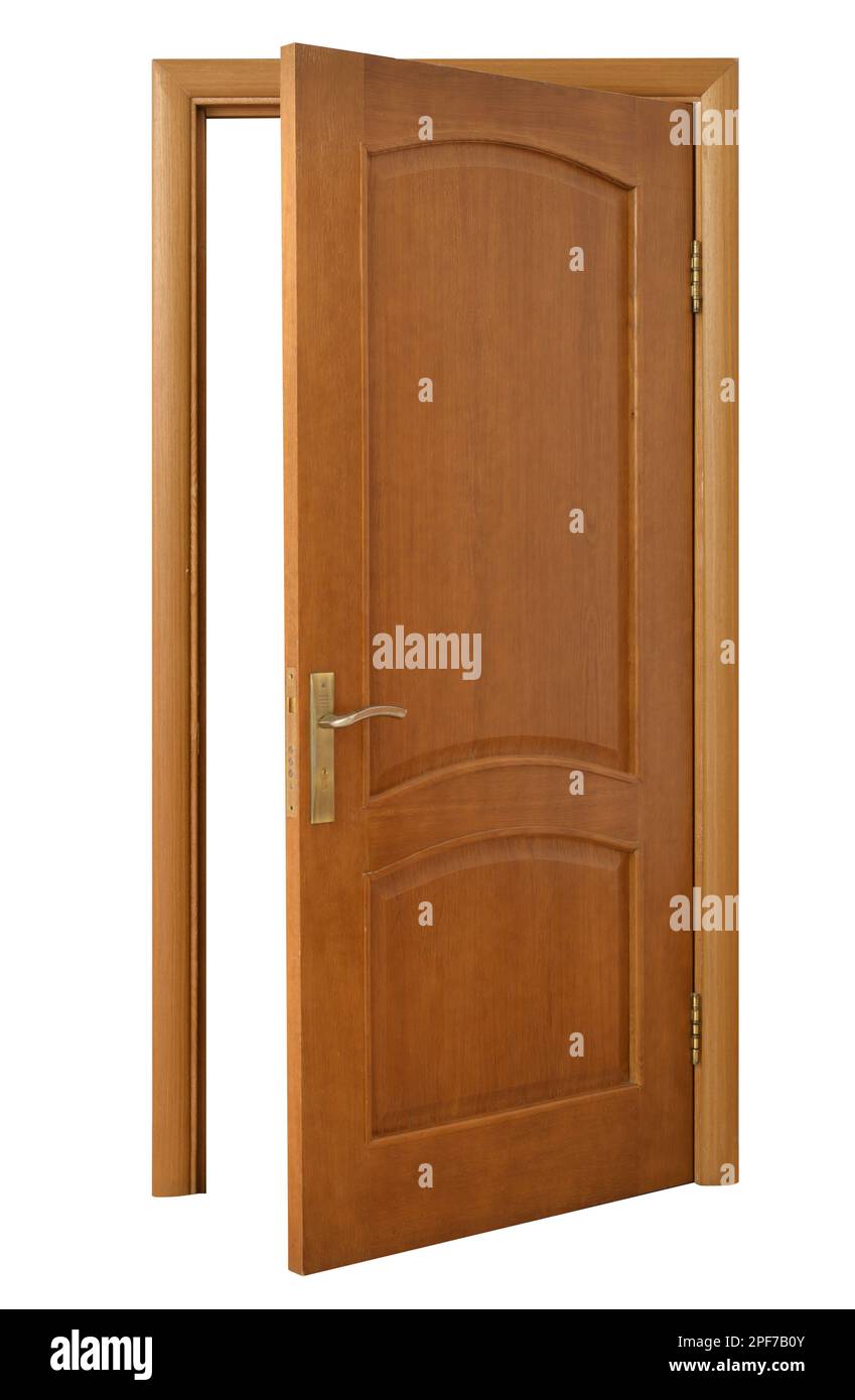 Holztür auf weißem Hintergrund öffnen Stockfoto