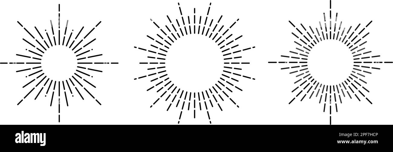 Retro-Sonnenschein-Rahmen eingestellt. Klassische Sonnenstrahlen-Kollektion. Stilisierter Sonnenschein, radiale Strahlen, Sonnenstrahlen, Feuerwerk, Explosionssymbole. Vektorkonstruktionselemente Stock Vektor