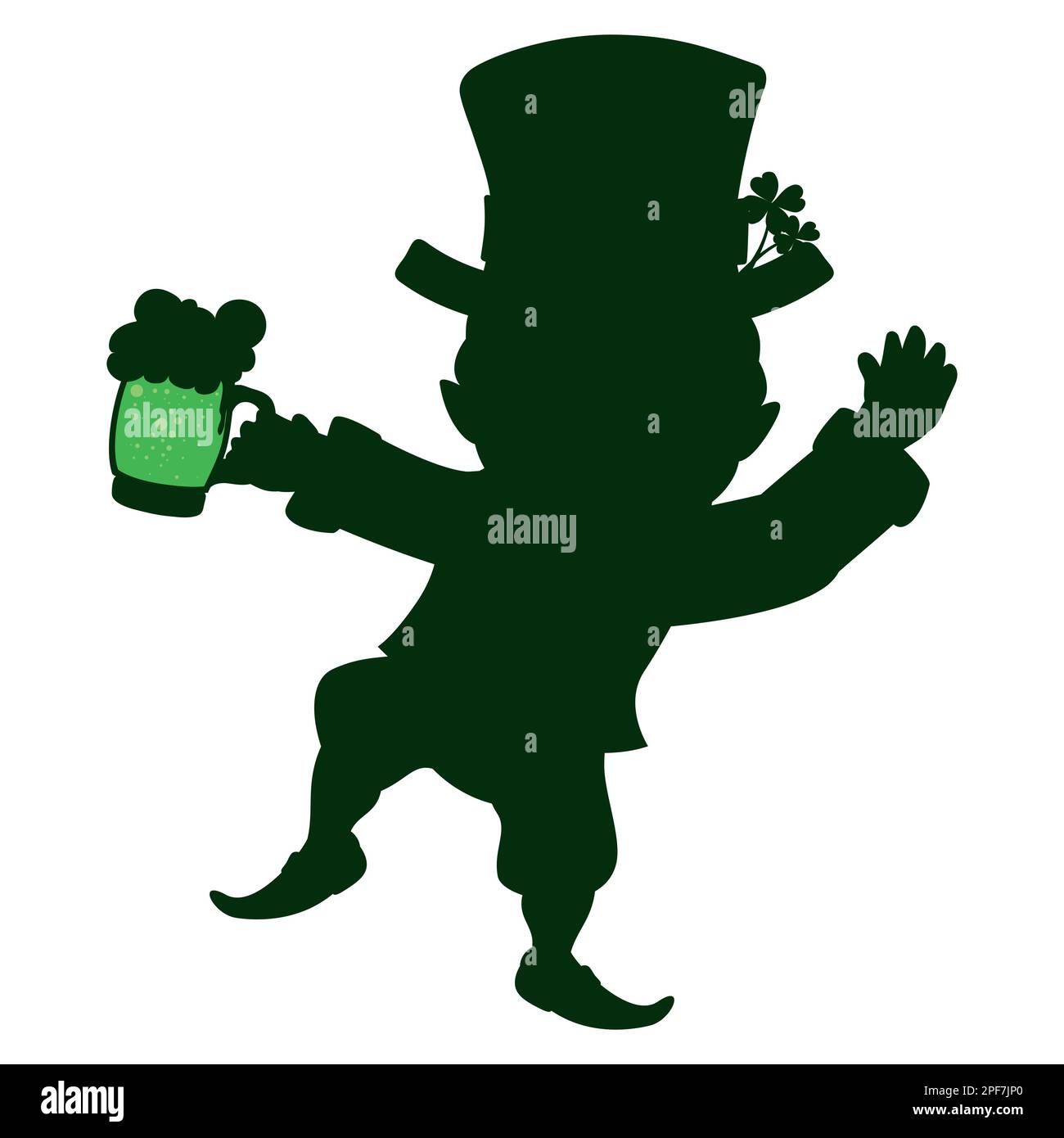 Leprechaun-Silhouette mit winkender Geste, Hut mit Shamrock und einer grünen Biertasse zum St. Patrick's Day Stock Vektor