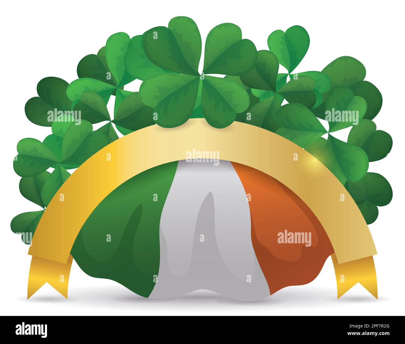 Goldene und gebogene Bandschablone mit irischer Flagge und Shamrocks oben. Design mit Farbverlauf auf weißem Hintergrund. Stock Vektor