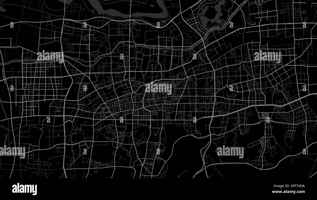Dunkelschwarze Vektorkarte der Stadt Jinan im Hintergrund, Straßen und Wasserdarstellung. Breitbildformat, Roadmap für digitales Flachdesign. Stock Vektor