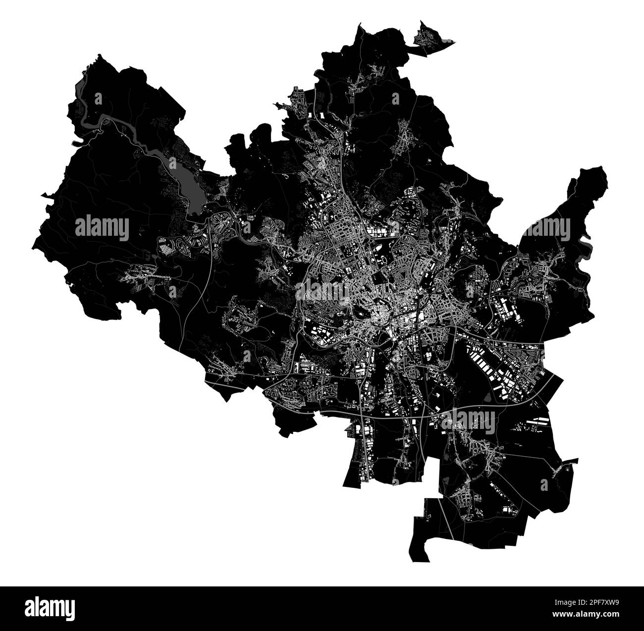 Brünner Vektorkarte. Detaillierte Vektorkarte des Verwaltungsgebiets der Stadt Brünn. Stadtbild-Poster mit Blick auf die Metropolitane Aria. Schwarzes Land mit weißen Gebäuden, Wasser Stock Vektor